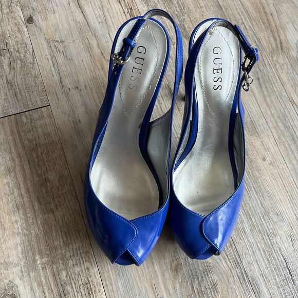 Guess Y2K Heels 8 M Open Toe Patent Leather Blue Charm Vintage 2000s Glam Bright - Picture 9 of 9
